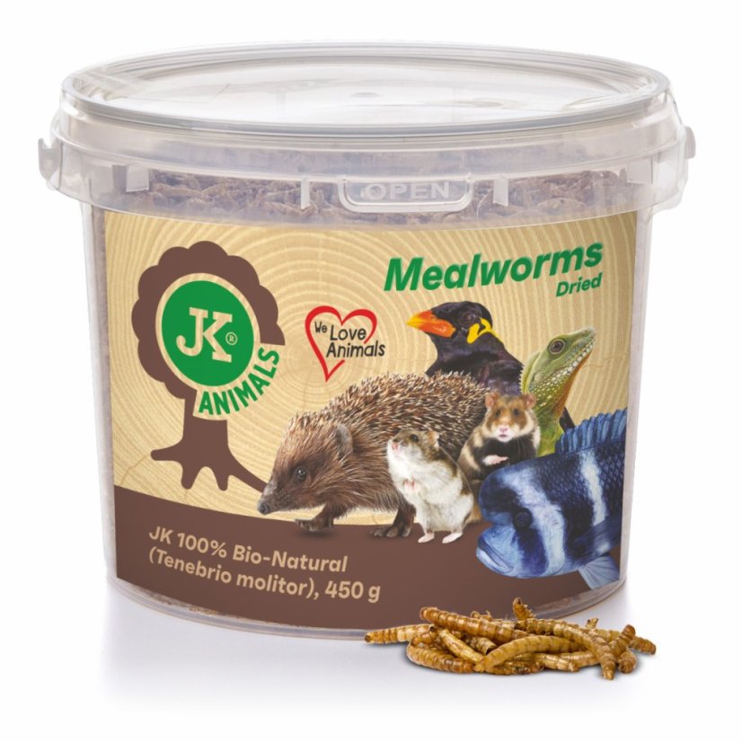 Sušené múčne červy JK Dried Mealworms vo vedre, 450 g, (Tenebrio Molitor)