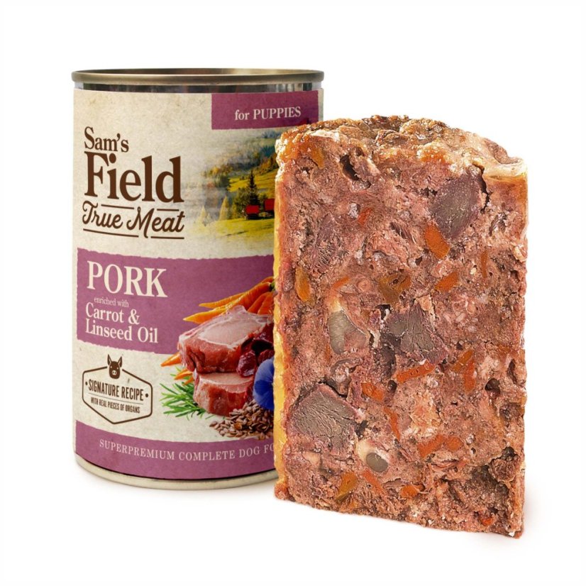 6× 400 g,Sam’s Field True Meat Pork Enriched with Carrot & Linseed Oil for Puppies, superprémiová konzerva,  (Sams Field)