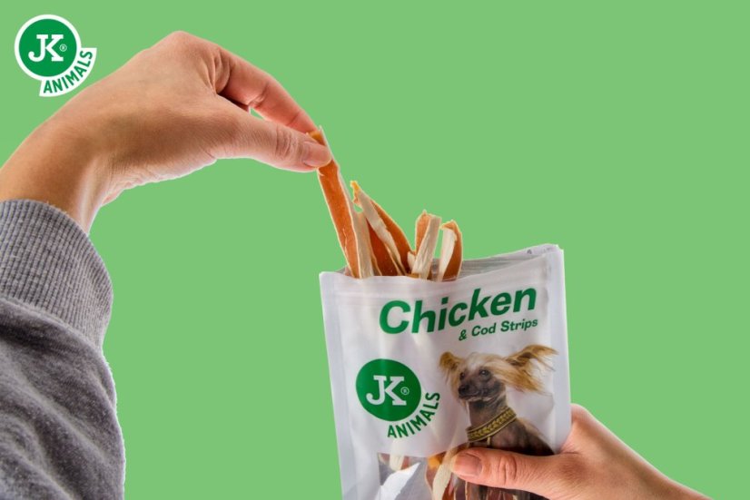 Sušené kuracie prúžky s treskou, 80 g, mäsová maškrta pre psov (Chicken & Cod Strips Meat Snack)