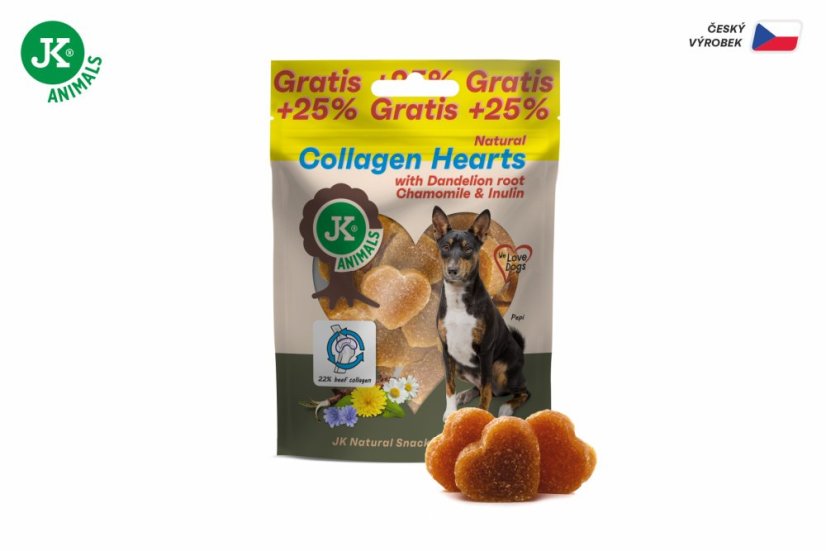 JK ANIMALS, Kolagénové srdiečka s koreňom púpavy, harmančekom a inulínom, +25% Gratis, 100 g