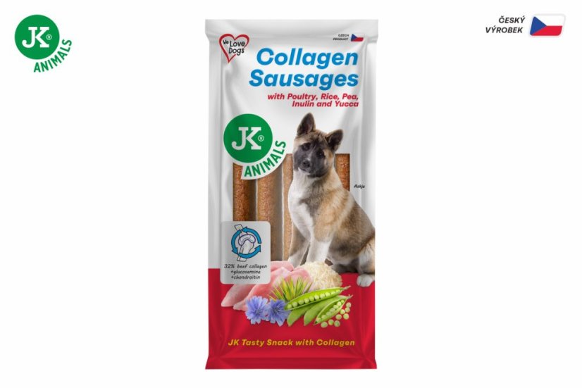JK ANIMALS, klobásy s hydinou, kolagénom, ryžou, hrachom, inulínom a yuccou, 600 g