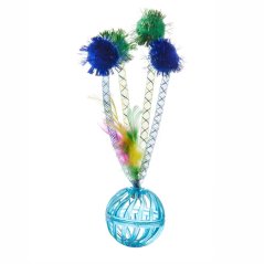 JK ANIMALS, Plastová loptička s rolničkou, pierkami a balónikmi, veľkosť 15 cm