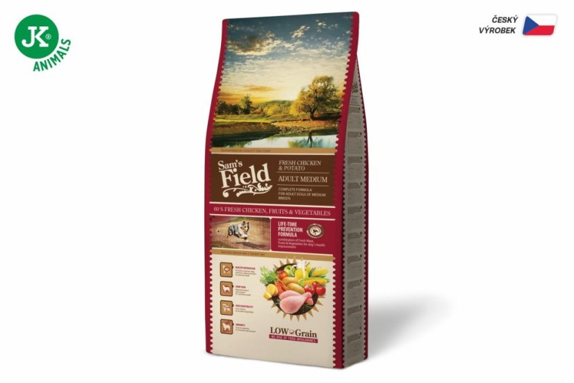 13 kg, Sam's Field Low Grain Adult Medium Chicken & Potato, superprémiové granule, (Sams Field bez pšenice)