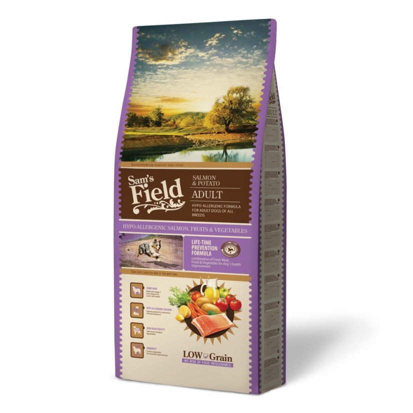 13 kg, Sam's Field Low Adult Salmon & Potato, hypoalergenné superprémiové granule, (Sams Field bez pšenice)