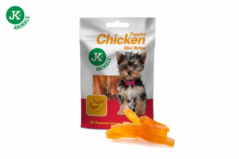 JK Animals sušené kuracie mini prúžky pre šteňatá, mini mäsová steniaca maškrta (Puppies Chicken Mini Strips Meat Snack) 50 g