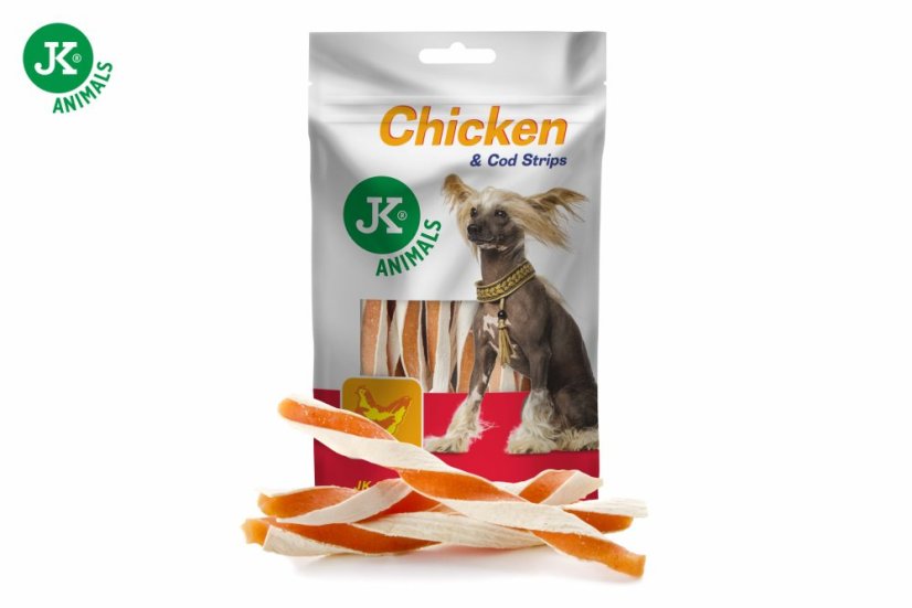 Sušené kuracie prúžky s treskou, 80 g, mäsová maškrta pre psov (Chicken & Cod Strips Meat Snack)