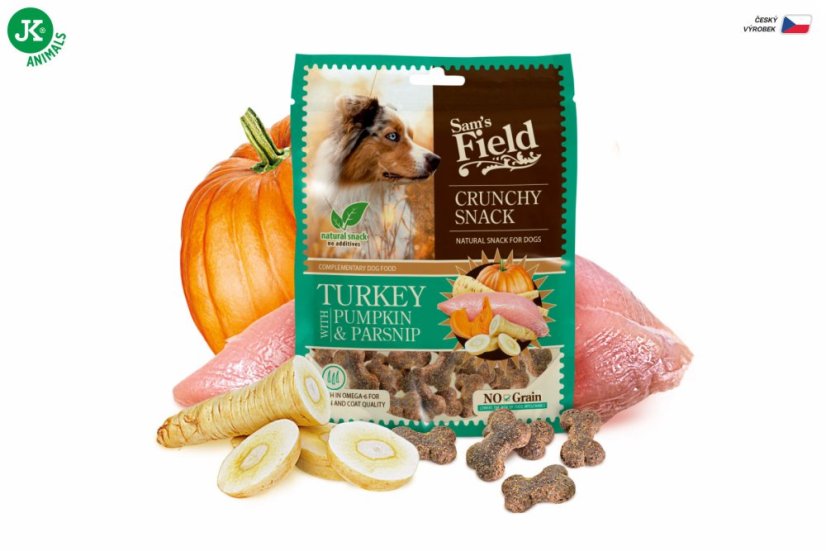 Sam's Field Crunchy Cracker Turkey with Pumpkin & Parsnip, chrumkavá morčacia maškrta s tekvicou a paštrnákom, 200 g (Sams Field maškrta pre psov)