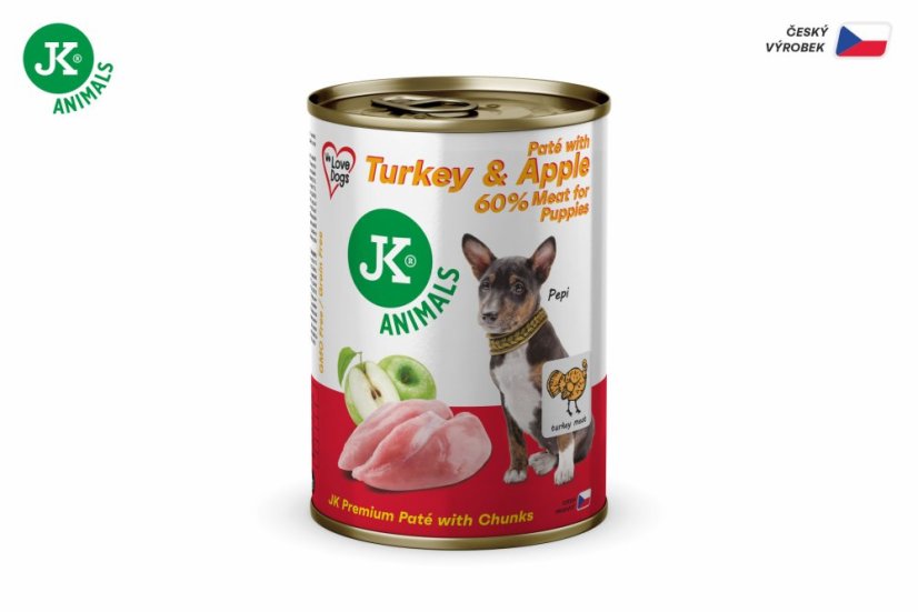 6× 400 g, JK Premium Turkey & Apple for Puppies, Paté with Chunks, 60 % Meat, morčacie s jablkami pre šteňatá
