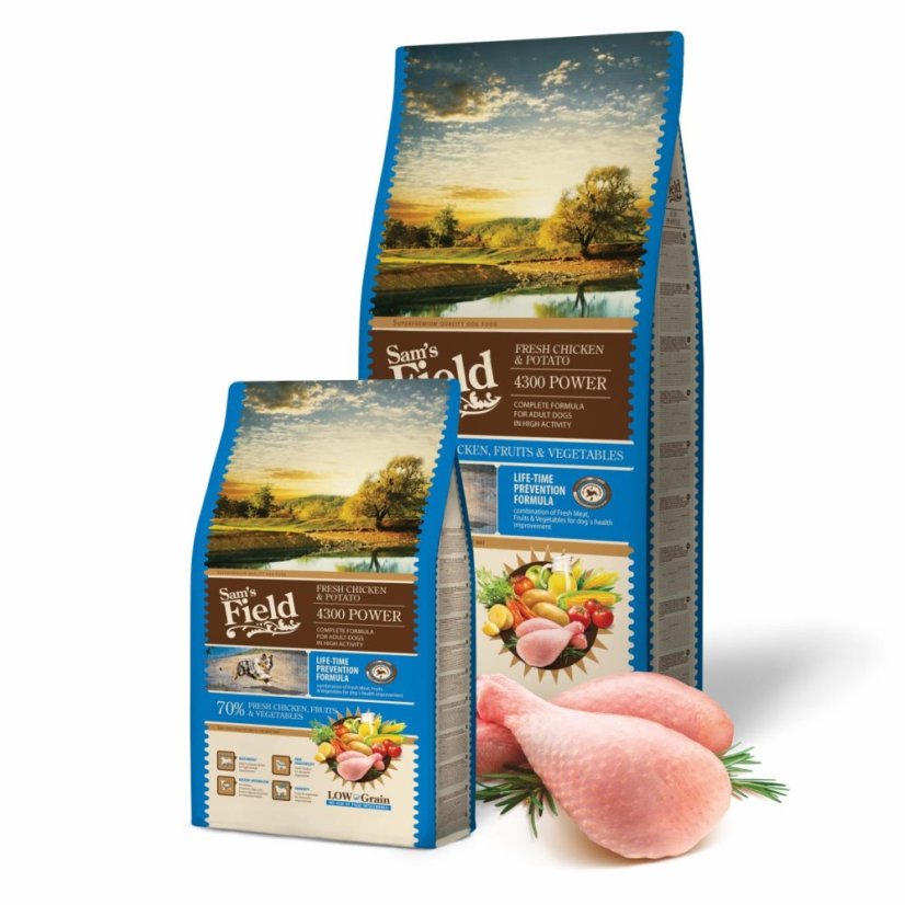 13 kg, Sam's Field Low Grain 4300 Power Chicken & Potato, superprémiové granule, (Sams Field bez bez pšenice)