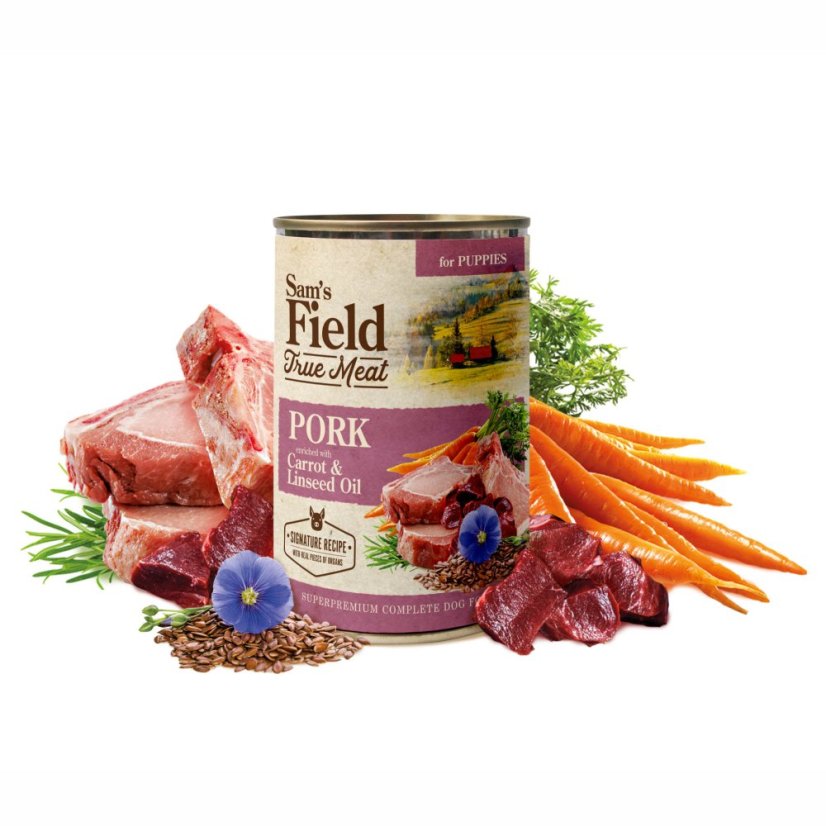 6× 400 g,Sam’s Field True Meat Pork Enriched with Carrot & Linseed Oil for Puppies, superprémiová konzerva,  (Sams Field)