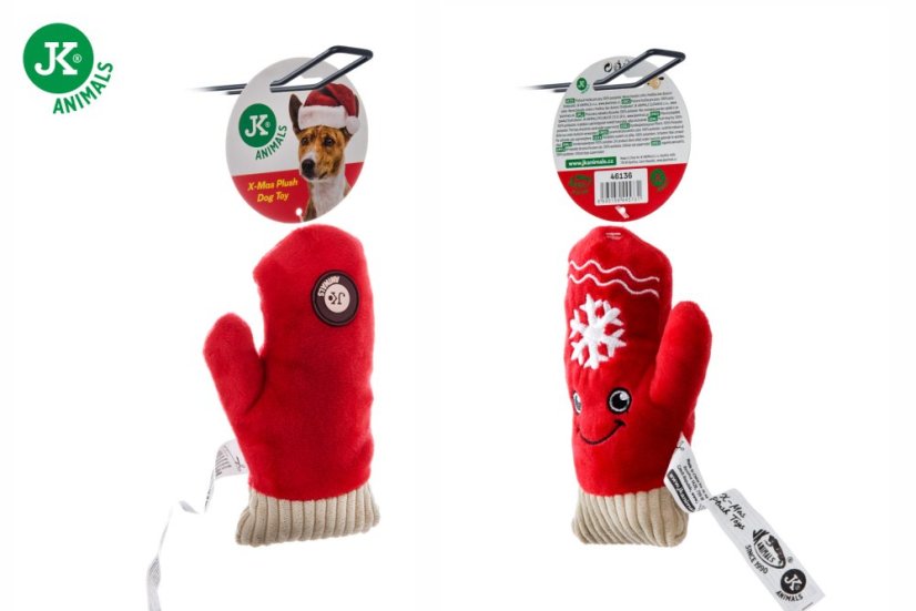 JK ANIMALS plyšová rukavica X-Mas, plyšová pískacia vianočná hračka pre psov, 16 cm