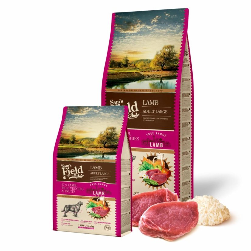 13 kg, Sam's Field Low Grain Adult Large Lamb - Free Range, superprémiove granule pre dospelých psov veľkých a obrích plemien s jahňacím z voľného chovu, (Sams Field bez pšenice)