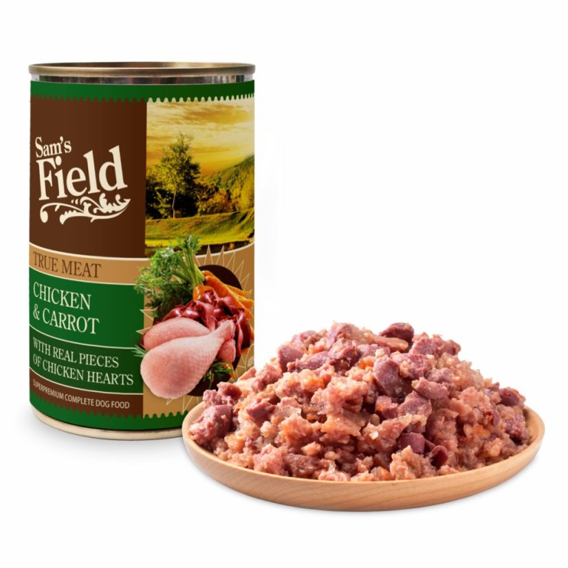 6× 400 g, Sam's Field True Chicken Meat & Carrot (Sams Field mäsová konzerva)