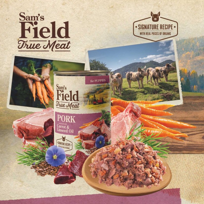 6× 400 g,Sam’s Field True Meat Pork Enriched with Carrot & Linseed Oil for Puppies, superprémiová konzerva,  (Sams Field)