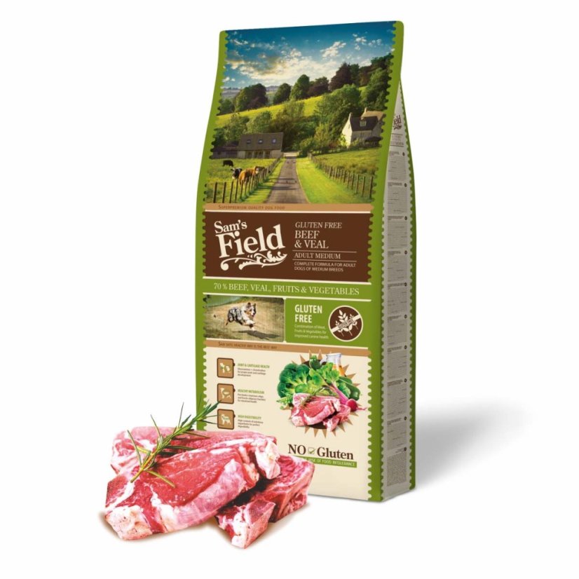 13 kg, Sam's Field Gluten Free Beef & Veal Adult Medium, superprémiové granule, (Sams Field bez lepku)