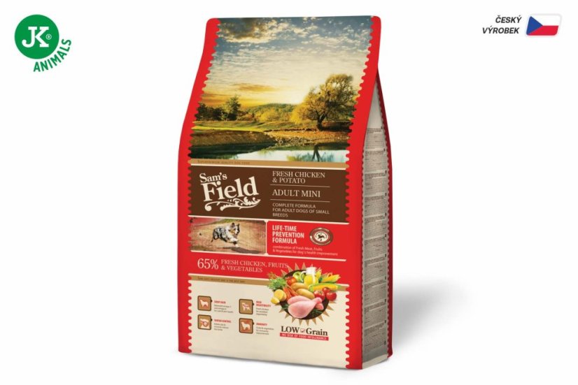 2,5 kg, Sam's Field Low Grain Adult Mini Chicken & Potato, superprémiové granule, (Sams Field bez pšenice)