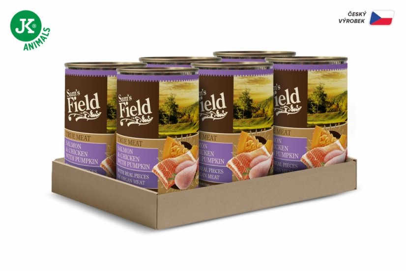 6× 400 g, Sam's Field True Salmon & Chicken with Pumpkin (Sams Field mäsová konzerva)