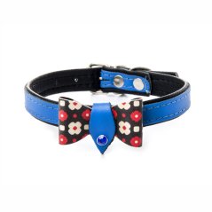 JK ANIMALS kožený obojok s mašľou, modrý, 1,4×40 cm