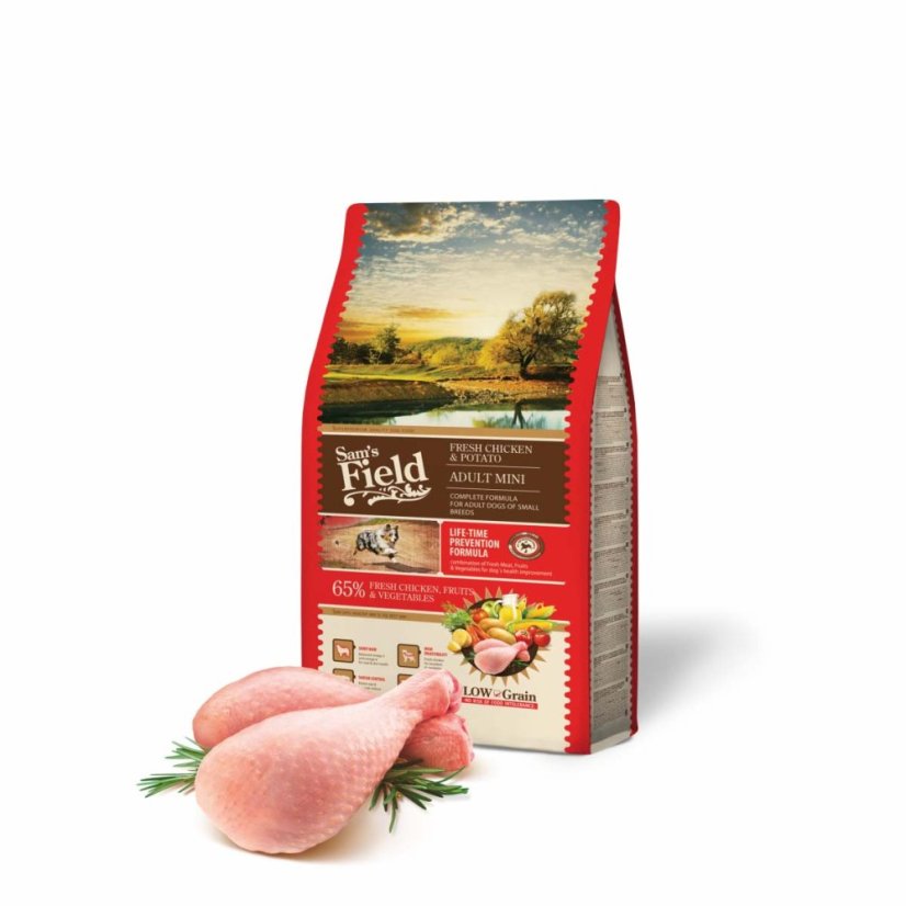 2,5 kg, Sam's Field Low Grain Adult Mini Chicken & Potato, superprémiové granule, (Sams Field bez pšenice)
