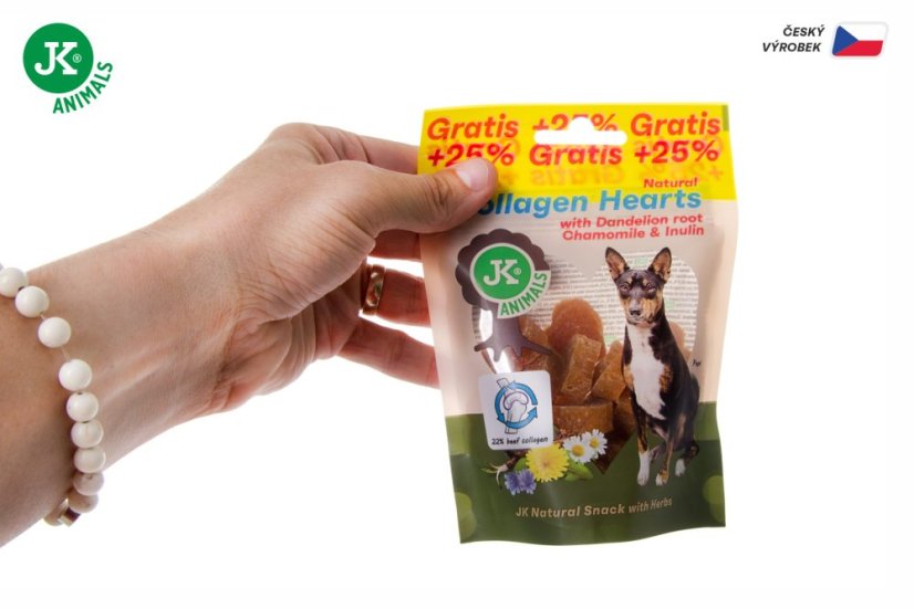 JK ANIMALS, Kolagénové srdiečka s koreňom púpavy, harmančekom a inulínom, +25% Gratis, 100 g