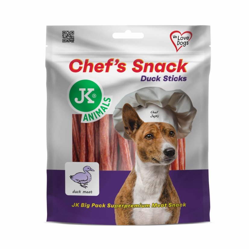 JK ANIMALS Chef's Meat Snack, sušené kačacie tyčinky 200 g