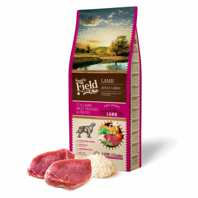 13 kg, Sam's Field Low Grain Adult Large Lamb - Free Range, superprémiove granule pre dospelých psov veľkých a obrích plemien s jahňacím z voľného chovu, (Sams Field bez pšenice)