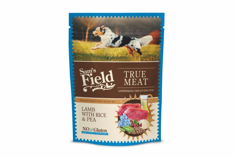 Sam's Field True Meat Lamb with Rice & Pea, šťavnaté mäsové kapsičky jahňacie mäso s ryžou a hrachom pre psov, 260 g (superprémiové kapsičky pre psov)