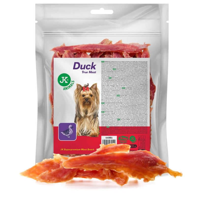 JK Animals sušené kačacie mäso, mäsová maškrta pre psov (Duck True Meat Snack), 500 g