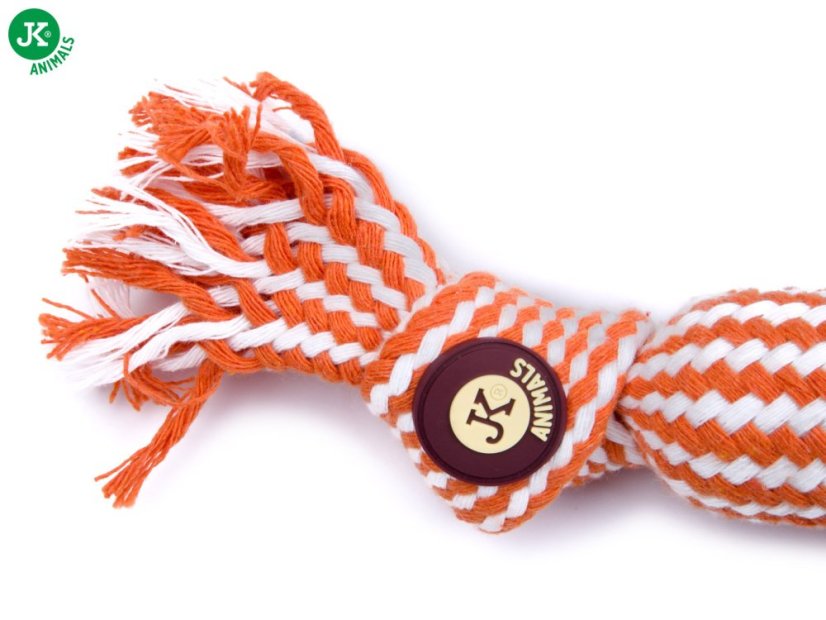 JK ANIMALS, Bavlnený pískací uzol s TPR loptou, oranžový, ideálny pre aktívnu hru, veľkosť 33 cm