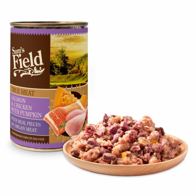 6× 400 g, Sam's Field True Salmon & Chicken with Pumpkin (Sams Field mäsová konzerva)