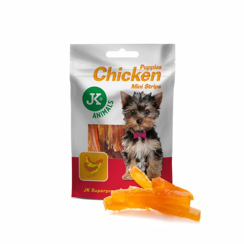 JK Animals sušené kuracie mini prúžky pre šteňatá, mini mäsová steniaca maškrta (Puppies Chicken Mini Strips Meat Snack) 50 g