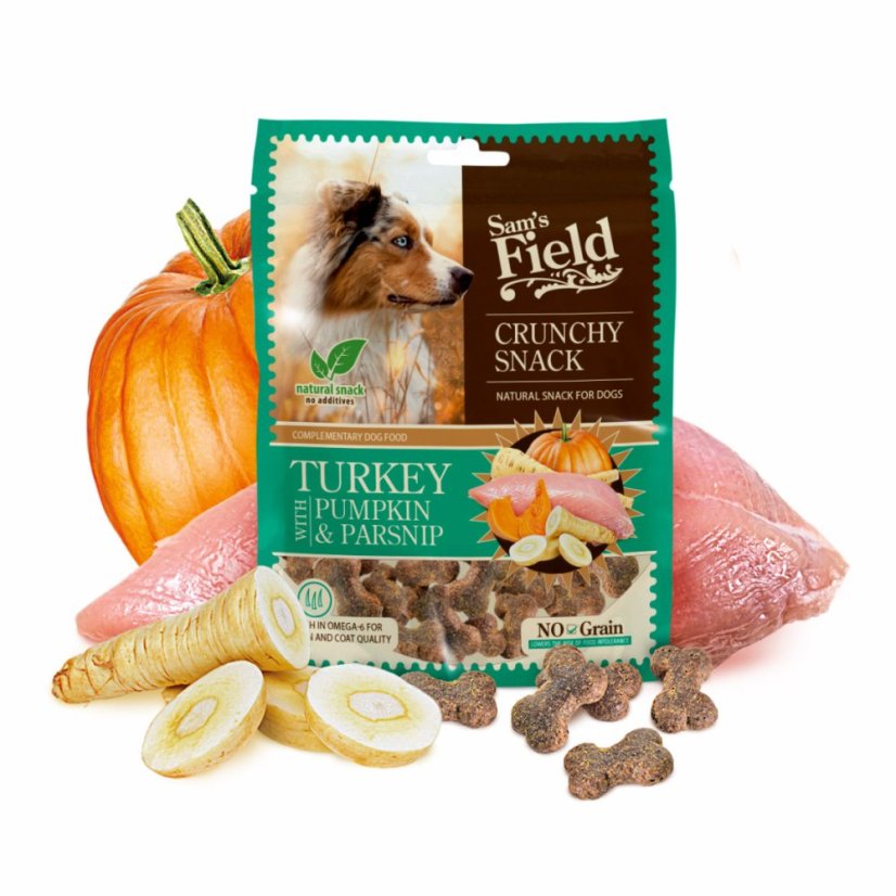 Sam's Field Crunchy Cracker Turkey with Pumpkin & Parsnip, chrumkavá morčacia maškrta s tekvicou a paštrnákom, 200 g (Sams Field maškrta pre psov)
