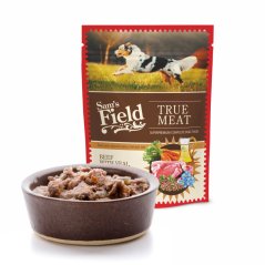 Sam's Field True Meat Beef with Veal, Carrot & Lingonberry, šťavnaté mäsové kapsičky hovädzie s teľacím, mrkvou a brusnice pre psov, 260 g (superprémiove kapsičky pre psov)