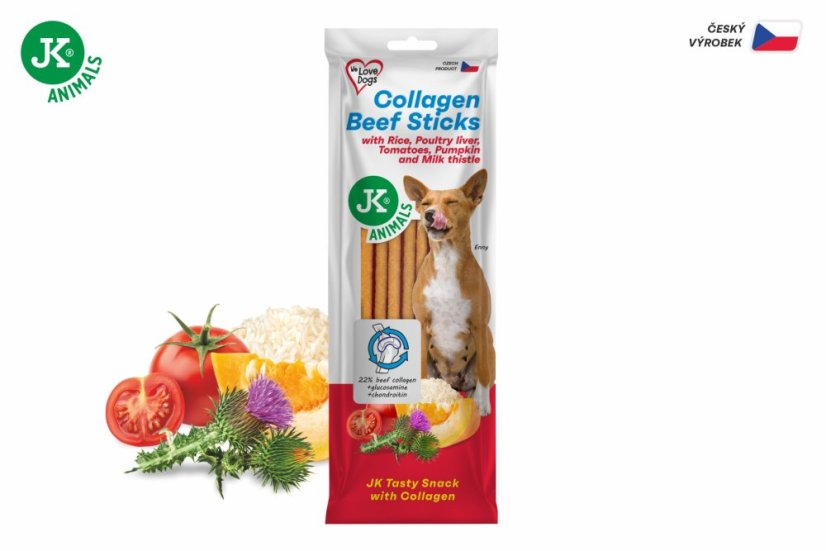 JK ANIMALS Hovädzie tyčinky s kolagénom, kolagénová maškrta pre psov s obsahom 22 % kolagénu, 65 g