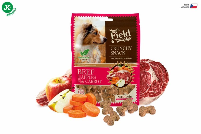 Sam's Field Crunchy Cracker Beef with Apples & Carrot, chrumkavá hovädzie maškrta s jablkami a mrkvou, 200 g (Sams Field maškrta pre psov)