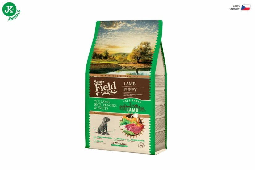 2,5 kg, Sam's Field Low Grain Puppy Lamb - Free Range, superprémiove granule pre šteňatá s jahňacím z voľného chovu, (Sams Field bez pšenice)