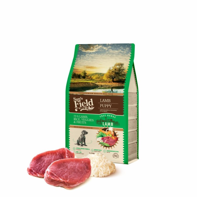 2,5 kg, Sam's Field Low Grain Puppy Lamb - Free Range, superprémiove granule pre šteňatá s jahňacím z voľného chovu, (Sams Field bez pšenice)