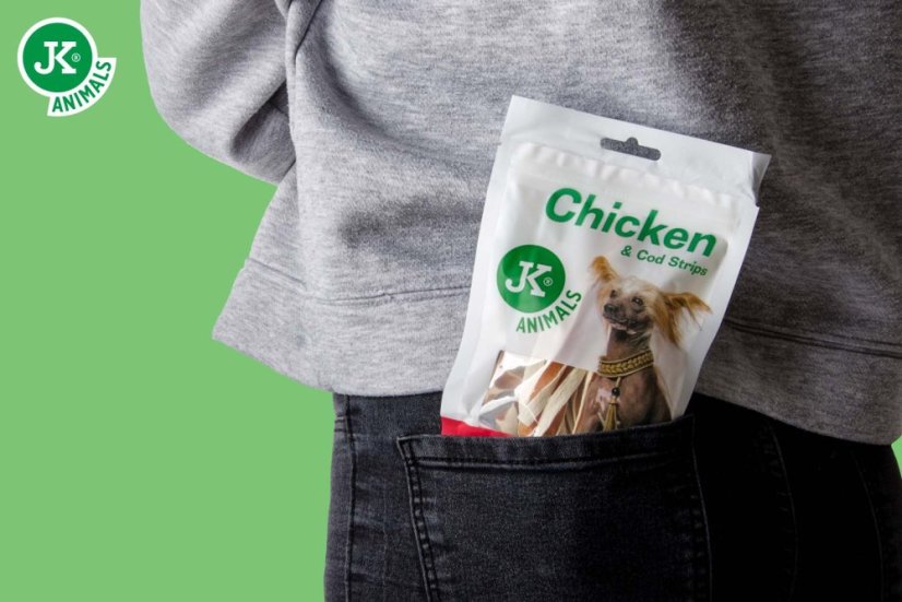 Sušené kuracie prúžky s treskou, 80 g, mäsová maškrta pre psov (Chicken & Cod Strips Meat Snack)