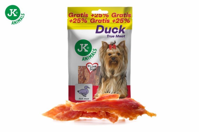 JK ANIMALS sušené kačacie mäso, mäsová maškrta, +25 % Gratis, 100g