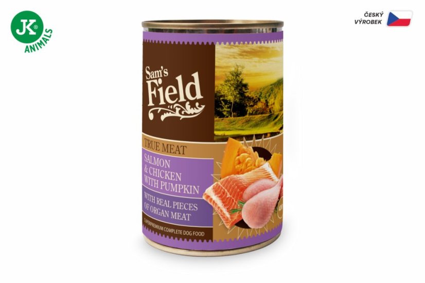 6× 400 g, Sam's Field True Salmon & Chicken with Pumpkin (Sams Field mäsová konzerva)