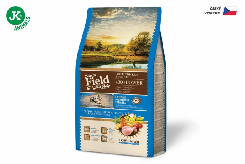 2,5 kg, Sam's Field Low Grain 4300 Power Chicken & Potato, superprémiové granule, (Sams Field bez bez pšenice)