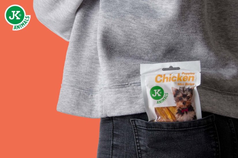 JK Animals sušené kuracie mini prúžky pre šteňatá, mini mäsová steniaca maškrta (Puppies Chicken Mini Strips Meat Snack) 50 g