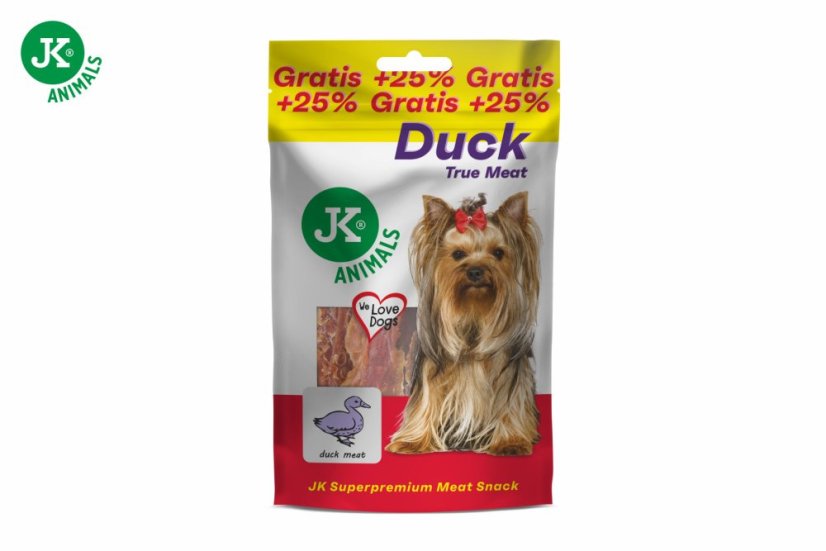 JK ANIMALS sušené kačacie mäso, mäsová maškrta, +25 % Gratis, 100g