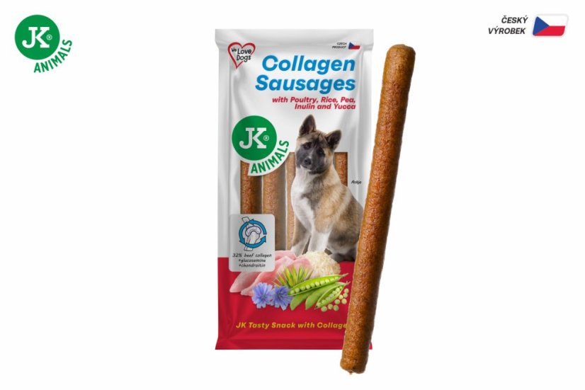 JK ANIMALS, klobásy s hydinou, kolagénom, ryžou, hrachom, inulínom a yuccou, 600 g