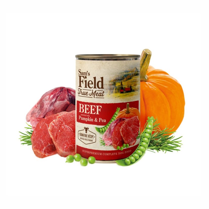 6x 400g, Sam's Field True Beef Meat with Pumpkin & Pea, superprémiová konzerva, (Sams Field)