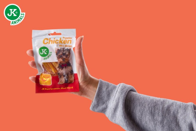 JK Animals sušené kuracie mini prúžky pre šteňatá, mini mäsová steniaca maškrta (Puppies Chicken Mini Strips Meat Snack) 50 g