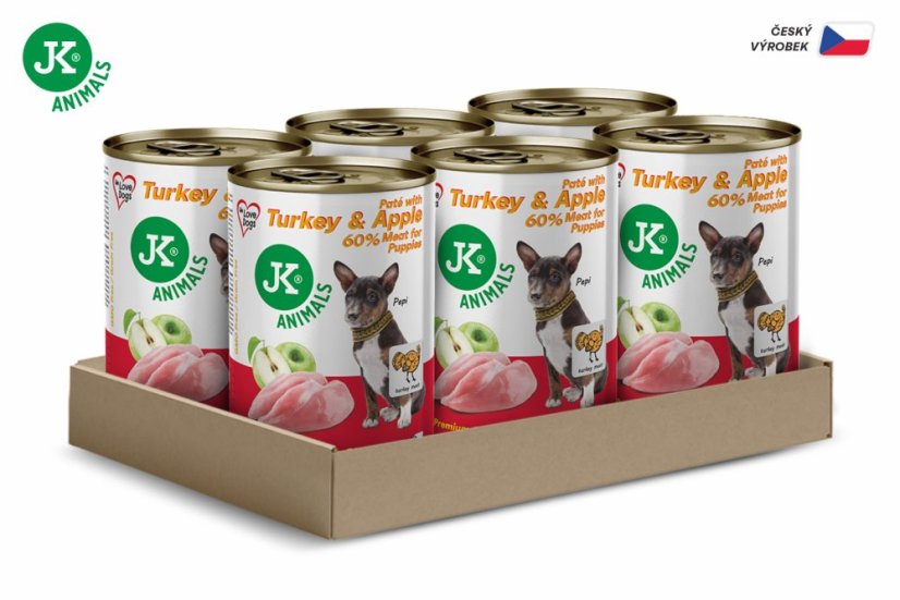 6× 400 g, JK Premium Turkey & Apple for Puppies, Paté with Chunks, 60 % Meat, morčacie s jablkami pre šteňatá