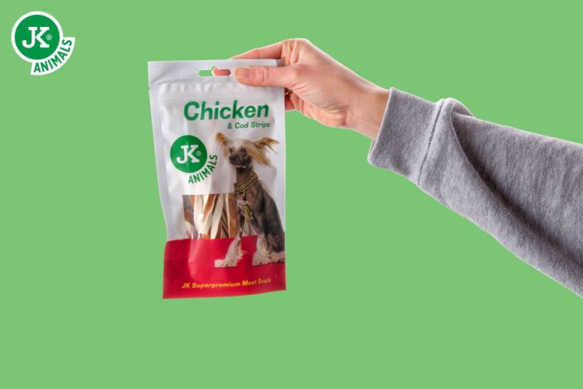 Sušené kuracie prúžky s treskou, 80 g, mäsová maškrta pre psov (Chicken & Cod Strips Meat Snack)