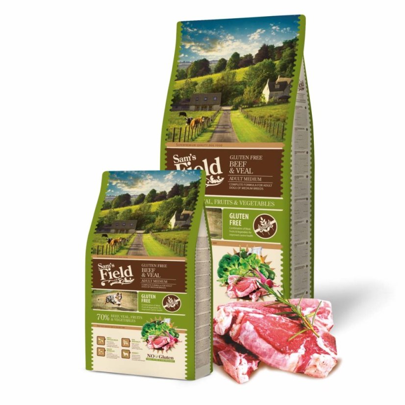 13 kg, Sam's Field Gluten Free Beef & Veal Adult Medium, superprémiové granule, (Sams Field bez lepku)
