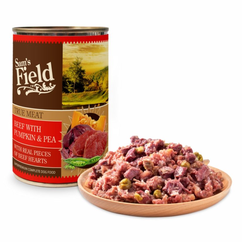 6× 400 g, Sam's Field True Beef Meat with Pumpkin & Pea (Sams Field mäsová konzerva)